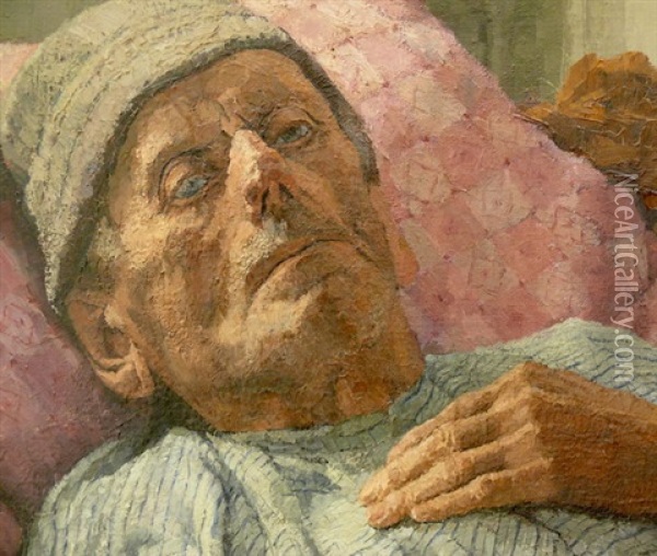 Alter Bauer In Seinem Bett, Neben Ihm Gebetsbuch U. Kreuz An Der Wand Oil Painting - Josefa Pernstich