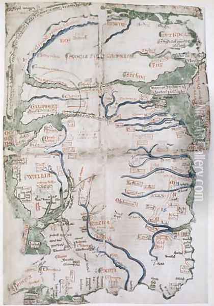 Map of England, Scotland and Wales, Ms Cotton Claudius, DVI, fol 12 v, 1250 Oil Painting - Matthew Paris