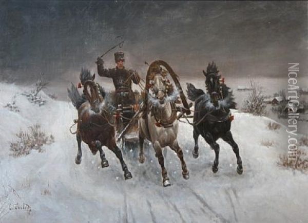 A Troika Sleigh At Speed In The Snow Oil Painting - Adolf (Constantin) Baumgartner-Stoiloff