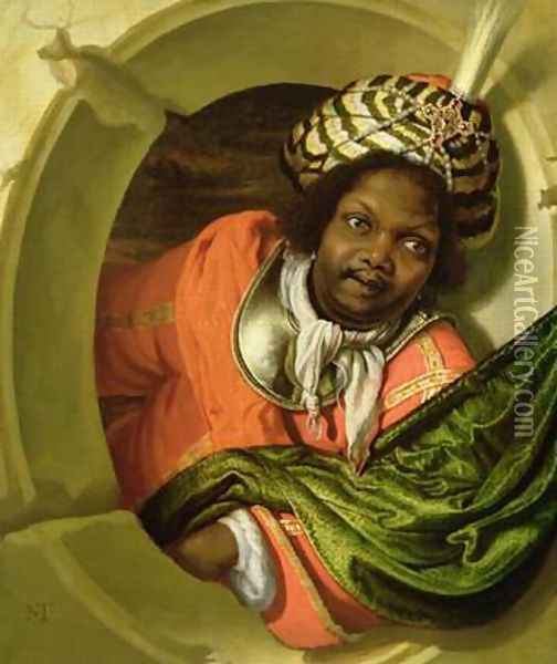 Portrait of a Moor holding a flag at a window Oil Painting - Bartholomaus Maton