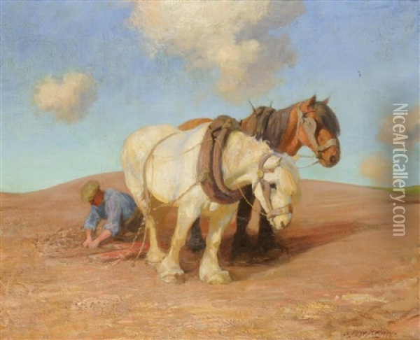 A Team Of Plough Horses With A Figure Oil Painting - Robert Weir Allen