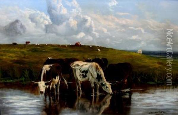 Rural Landscape With Watering Cattle Oil Painting - Arthur Wardle