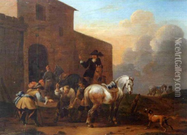 Shoing The Gentleman's Horse Oil Painting - Simon Johannes van Douw