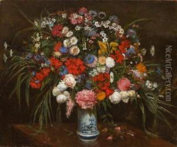 Bouquet De Fleurs Dans Un Vase En Faience. Oil Painting - E. Moreau