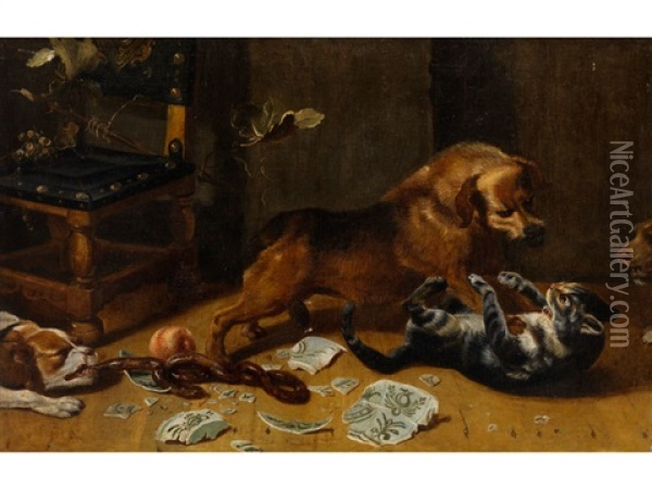 Kampfende Hunde Und Katzen In Einer Kuche Oil Painting - Frans Snyders