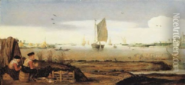 An Estuary Landscape With A Peasant Couple Catching Duck With Decoys, Harvesters By The Shore And Shipping On The Water Beyond Oil Painting - Arent (Cabel) Arentsz