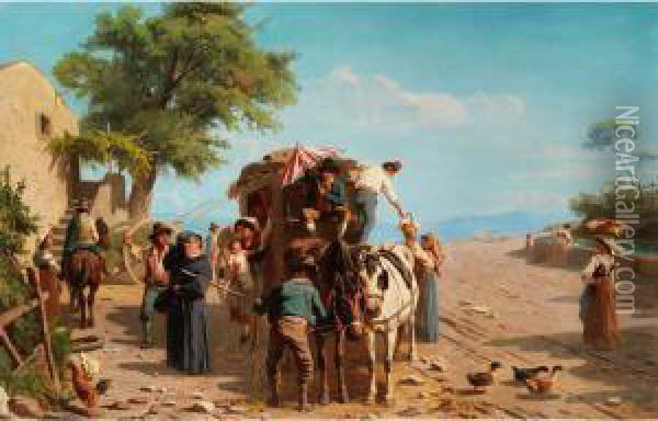 Pferdekutsche Mit Passagieren An Einer Suditalienischentaverne Oil Painting - Abraham A. Zwahlen