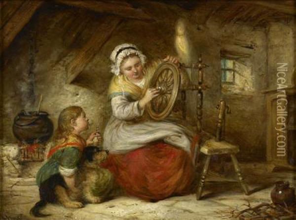 Oiling The Spinning Wheel Oil Painting - Alexander Leggett