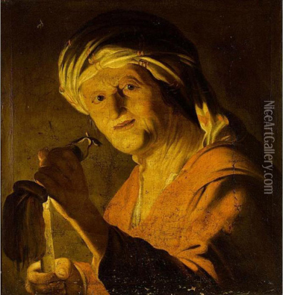 Old Woman Holding A Candle And An Empty Purse Oil Painting - Gerrit Van Honthorst