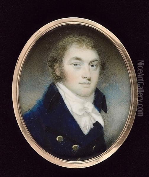 A Gentleman Having Curling Auburn Hair And Wearing Blue Coat, White Waistcoat And Tied Cravat Oil Painting - William Barclay