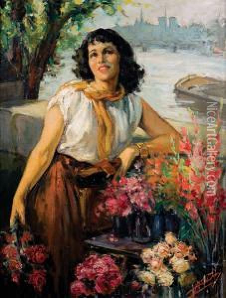Bloemenmeisje Oil Painting - Jules Oury, Dit Marcel-Lenoir