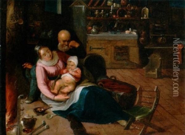 The Holy Family In A Kitchen Interior Oil Painting - Cornelis de Baellieur the Elder