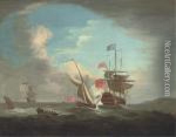 An Admiralty Yacht Joining A Squadron Of The Red Sailingoffshore Oil Painting - Peter Monamy