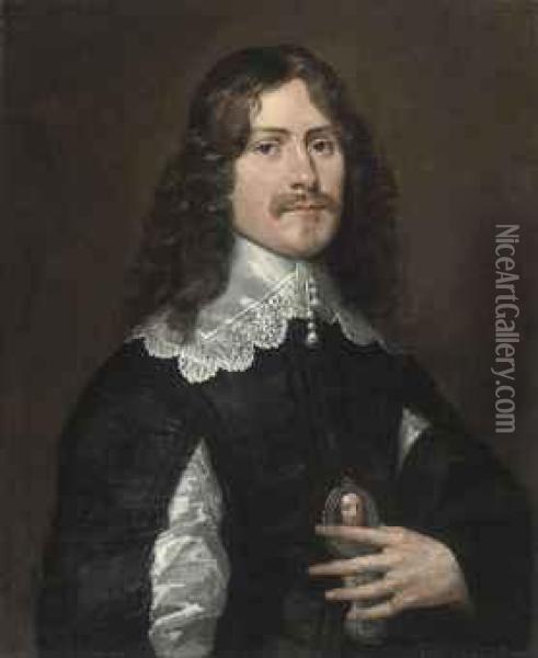 Portrait Of A Gentleman, 
Half-length, In A Black Slashed Doubletand White Lace Collar, A 
Miniature In His Left Hand Oil Painting - Gerrit Van Honthorst