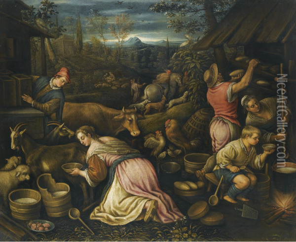 Spring - A Village Scene With Peasants Milking Goats And Baking Bread Oil Painting - Leandro Bassano