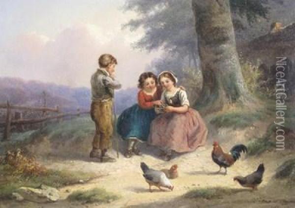 Children Feeding The Chickens Oil Painting - Robert Favelle