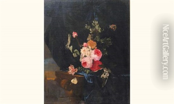 Nature Morte De Fleurs Retenues Par Un Ruban Bleu Au Dessus D'une Console Oil Painting - Ottmar Elliger the Elder