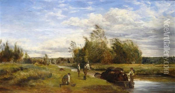 Figures At Work In A River Landscape Oil Painting - Erskine Nicol