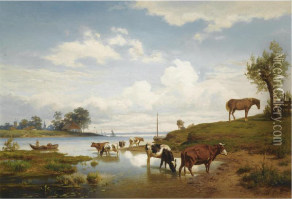 An Extensive River Landscape With Watering Cows Oil Painting - Henry Lot
