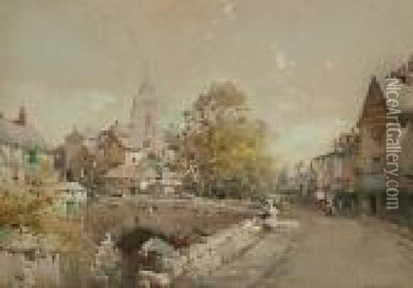 A Flemish Town Scene With A Bridge In The Foreground Oil Painting - Noel Harry Leaver