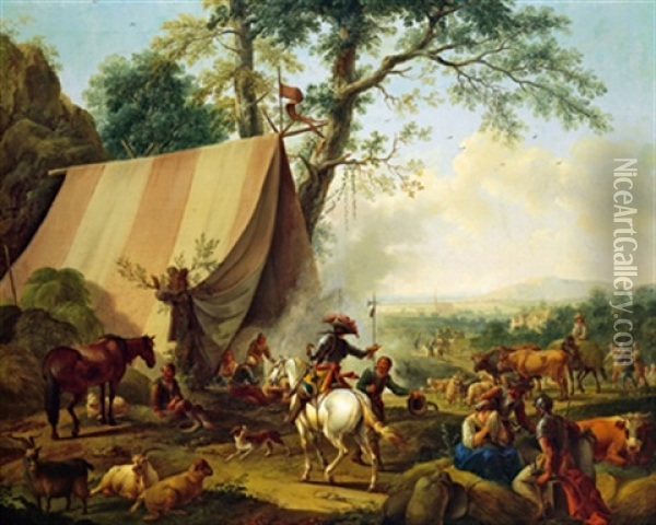 Soldaten, Bauern Und Hirten, Vor Einem Marketenderzelt In Einer Weiten Landschaft, Im Hintergrund Ein Dorf Oil Painting - Joseph Roos