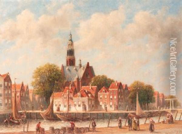 A View Of The Schans, Maassluis, With The Grote Kerk Beyond Oil Painting - Pieter Gerard Vertin