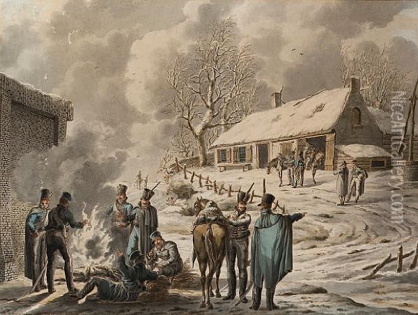 Winter Scene, With Soldiers Resting By Afarm Oil Painting - Jan Anthonie Langendijk