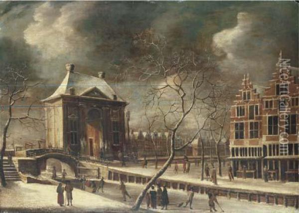 The Heiligewegspoort, Amsterdam, From The North-east In Winter,with Skaters On The Frozen Canal Oil Painting - Abraham Beerstraaten