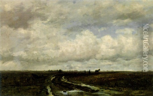 An Extensive Polderlandscape With A Farmer Ploughing Oil Painting - Hendrik Willem Mesdag