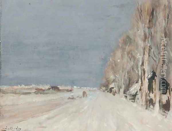 Trees along a snowy lane Oil Painting - Louis Apol