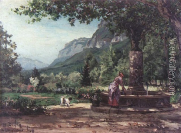 Elegante A La Fontaine Oil Painting - Ernest Georges Chauvier de Leon