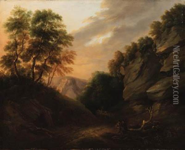 A Mountainous Landscape With Travellers Resting By A Path Oil Painting - Thomas Gainsborough