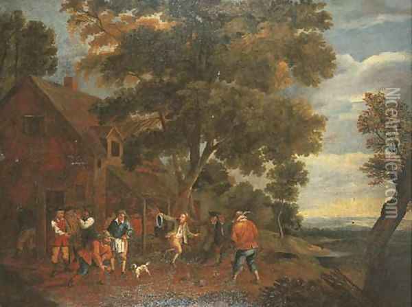 Peasants playing bowls outside an inn Oil Painting - David The Younger Teniers
