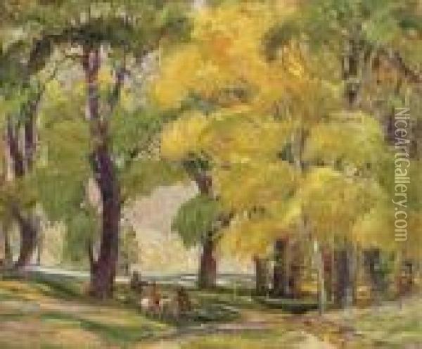 Cottonwoods In The Fall, Glorietta Grove Oil Painting - Oscar Edmund Berninghaus
