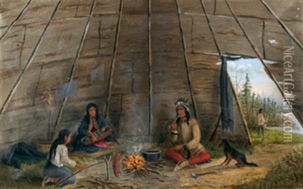 Family Cooking In Their Teepee Oil Painting - Edward Scope Shrapnel