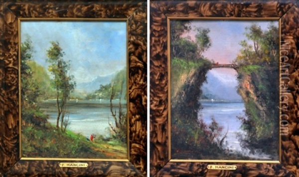 Promeneurs En Bord De Lac, Et Personnages Sur Un Pont (pair) Oil Painting - Francesco Mancini
