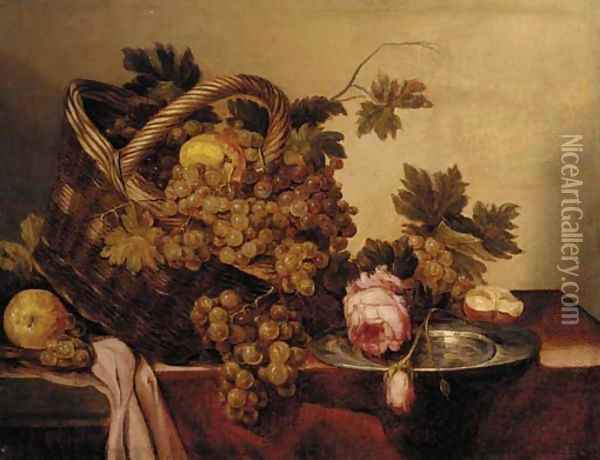 A basket of grapes and apples, with roses and a pewter plate on a table Oil Painting - Abraham Hendrickz Van Beyeren