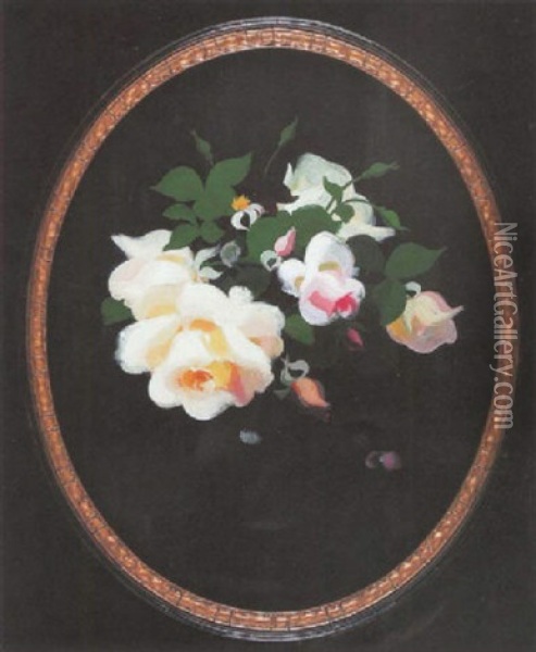 A Still Life Of Yellow And Pink Roses Oil Painting - Stuart James Park