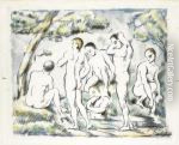 Les Baigneurs: Small Plate Oil Painting - Paul Cezanne