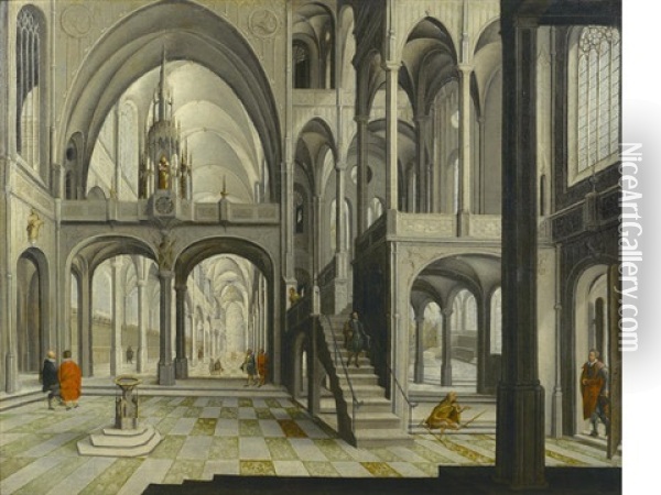 A Church Interior With Figures Oil Painting - Hendrick Aerts