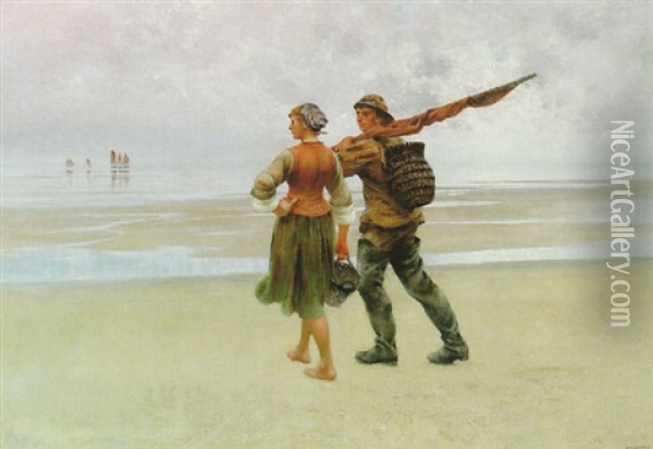 Strandbild Med Fiskarpar Oil Painting - August Vilhelm Nikolaus Hagborg