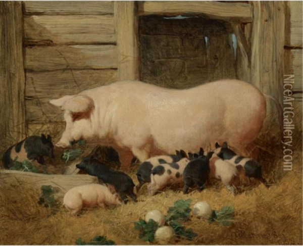 A Sow And Her Litter Oil Painting - John Frederick Herring Snr