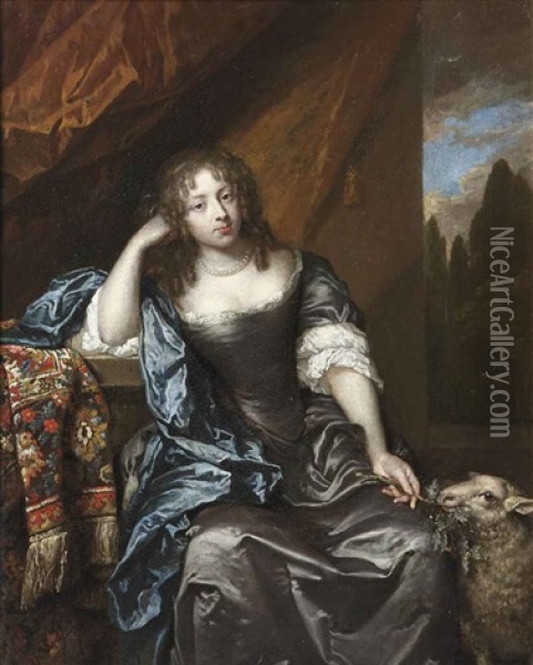 Portrait Of A Lady, In A Gray Silk Dress With Lace Chemise, Blue Wrap And A Pearl Necklace, Holding A Branch In Her Left Hand, A Lamb At Her Side Oil Painting - Caspar Netscher