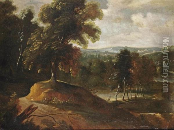 A Wooded Landscape With A Figure Walking Up A Hill, A Church Beyond Oil Painting - Jacques D Arthois