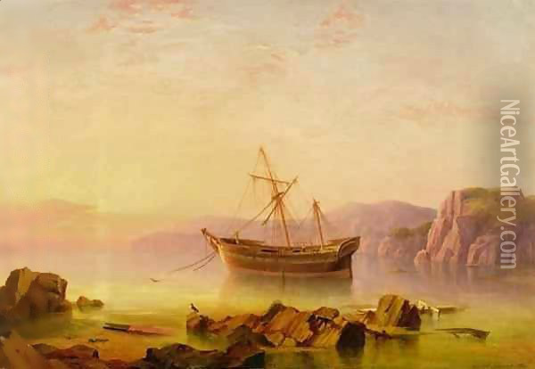 A ship at anchor in a bay at sunset Oil Painting - George Mounsey Wheatley Atkinson