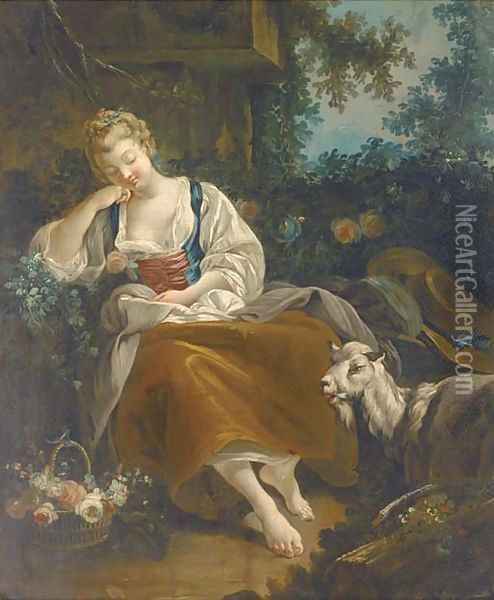 A shepherdess resting in a wooded clearing with a basket of mixed flowers and a goat nearby Oil Painting - Francois Boucher