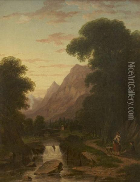 A Highland River Valley With Figures, Glen Dochart,perthshire Oil Painting - James Ferguson
