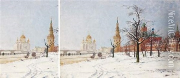 En Bas Du Kremlin - La Moscova, Dans Le Fond La Cathedrale Saint-sauveur Oil Painting - Paul Louis Bouchard
