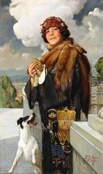 A Portrait Of A Lady With Her Dog Oil Painting - Arnold Mountfort