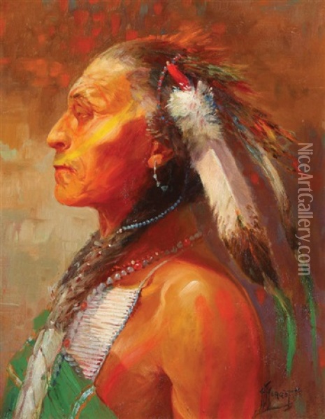 Bust Of An Indian Brave Oil Painting - Herbert M. Herget